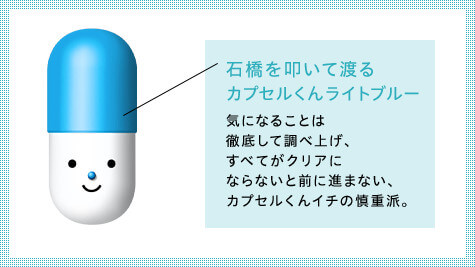 Capsule-kun Light Blue He is the most cautious of all Capsule-kuns, thoroughly investigating everything that interests him and not moving forward until everything is clear.
