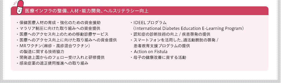 Improvement of medical infrastructure, human resource and capacity development, and health literacy